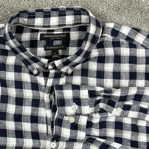 Banana Republic Shirt Mens L Navy White Linen Camden Fit Buffalo Check Casual